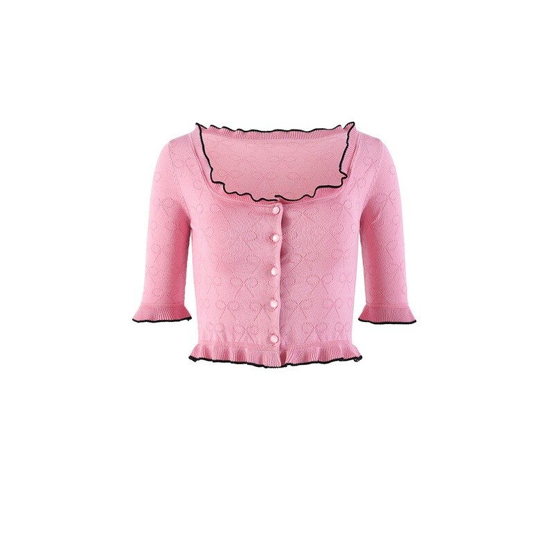 Candy Pink Cropped Knitted Top with Ruffles