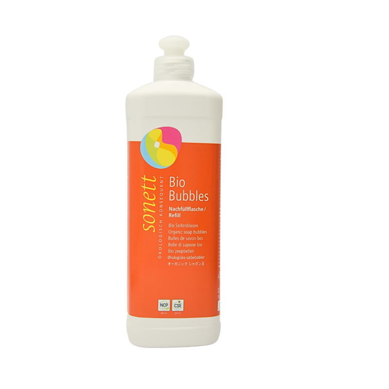 Produktbild: „Bio Bubbles Refill – Bio-Seifenblasenflüssigkeit in Flasche, Marke Sonett“