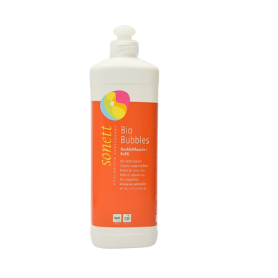 Produktbild: „Bio Bubbles Refill – Bio-Seifenblasenflüssigkeit in Flasche, Marke Sonett“