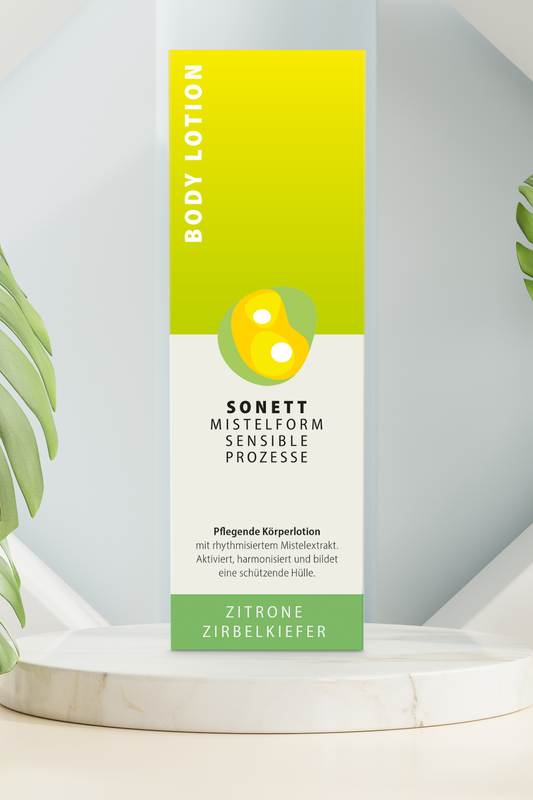 Detailbild: „Etikett Body Lotion Zitrone Zirbelkiefer – Sonett Mistelform Sensible Prozesse“
