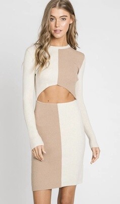 FW1457 FT long sleeve ribbed color block waist cut out mini dress