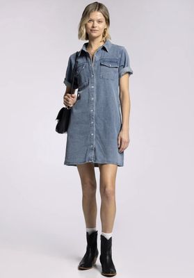 D1647DNTS T&amp;S ss collared snap up double pocket denim dress