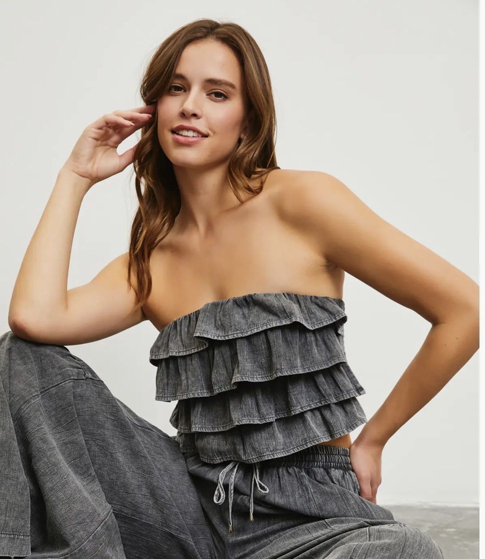 DS0623 Mustard Seed ruffle tube top, color: charcoal, Size: S