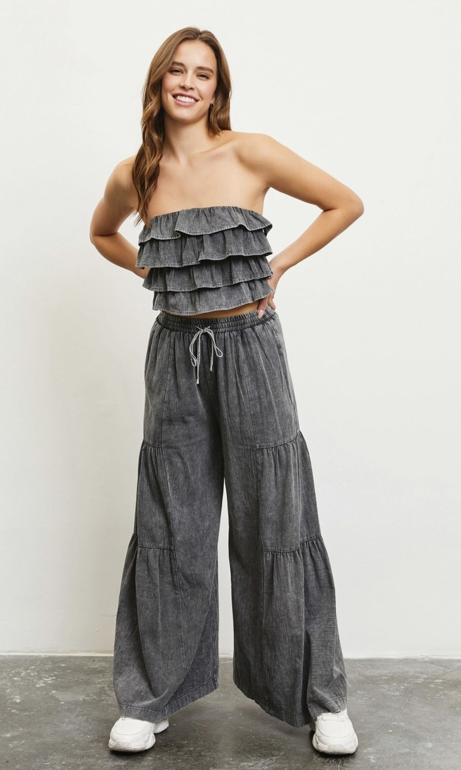 DS0624 Mustard Seed wide leg tiered pants, color: charcoal, Size: S