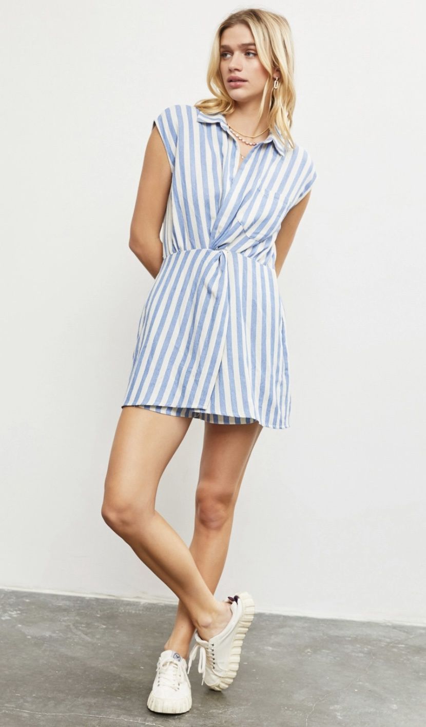S23390 Mustard Seed front twist one pocket romper, color: ivory/brown stripe, Size: S
