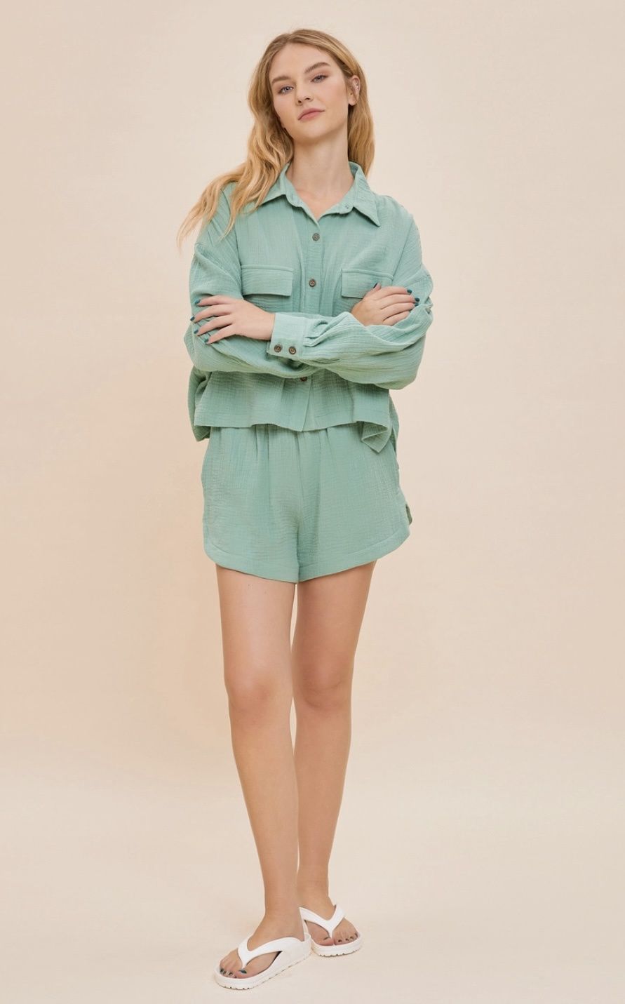 S22549 Mustard Seed ls two pocket button up collared 100% cotton top, color: green, Size: S