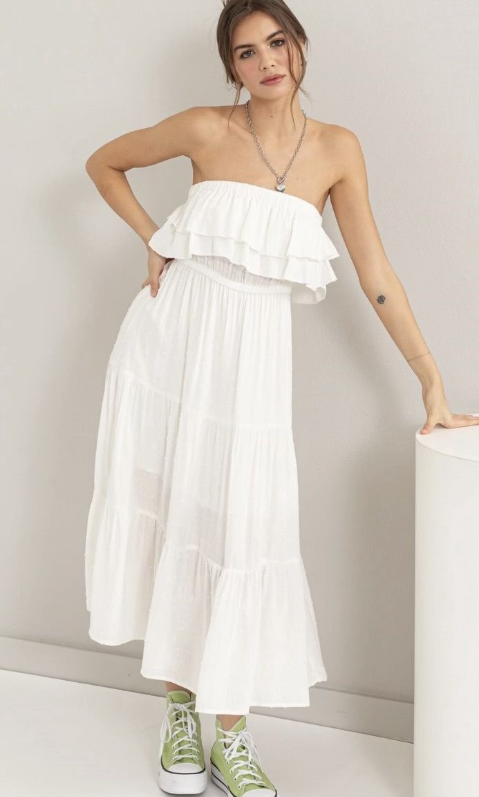 HF24A241 HYFVE stapless ruffled top tiered midi dress, Colour: white, Size: S