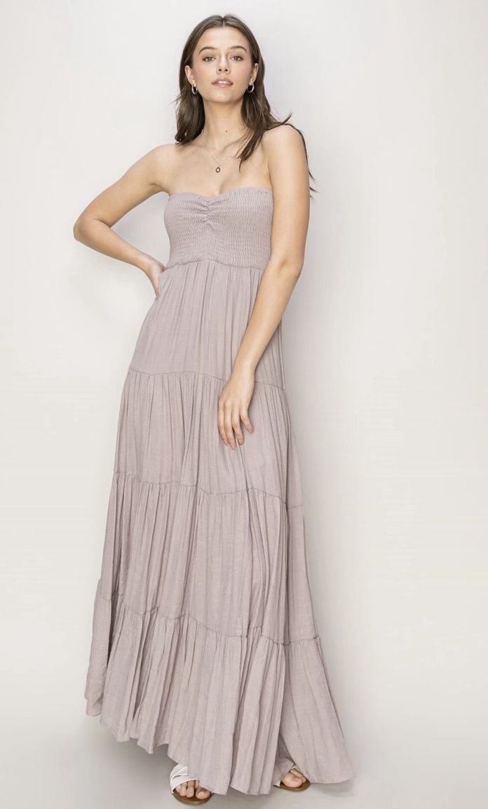 HF24E231-D HYFVE strapless rouched front, smocked top tiered maxi dress, Colour: lilac, Size: S