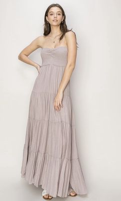 HF24E231-D HYFVE strapless rouched front, smocked top tiered maxi dress