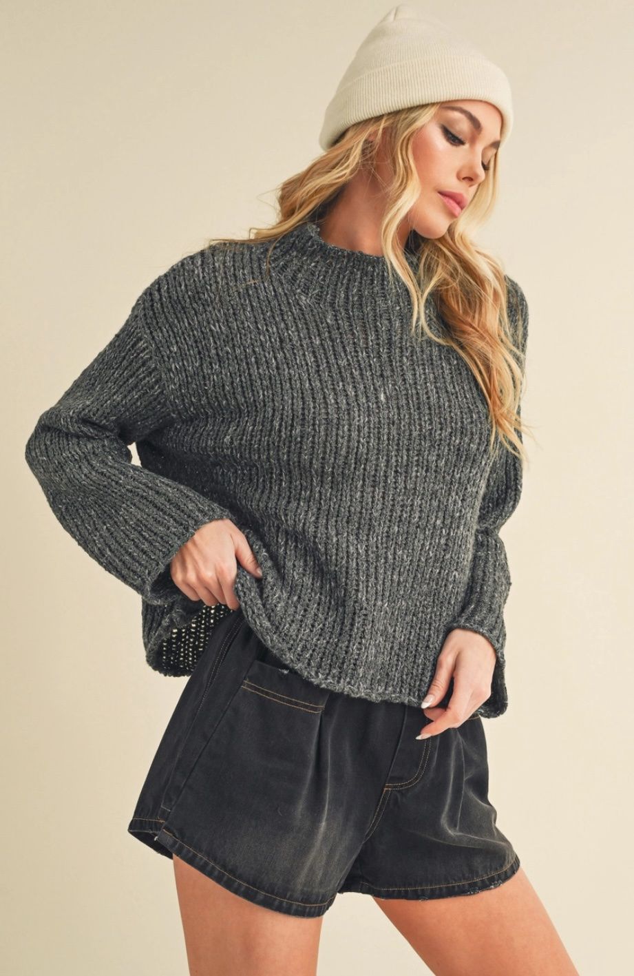 Beth open knit mock neck bell sleeve sweater A+C 3108CK