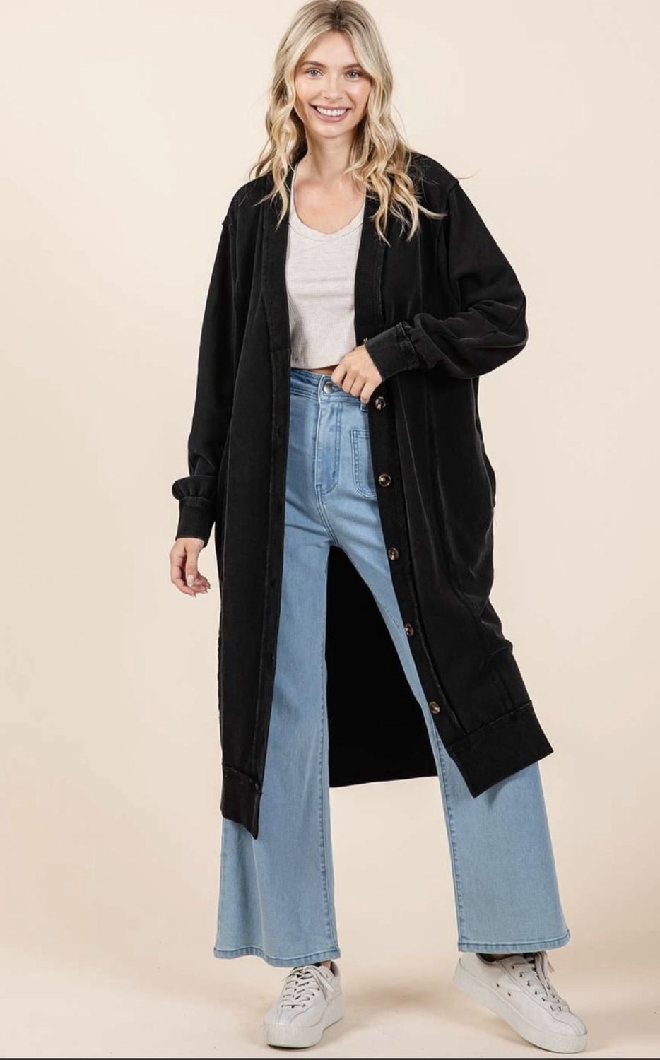 V-neck acid wash oversized button up tunic overcoat S15326 Mittoshop
