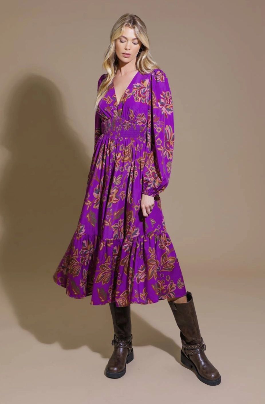 V neck printed woven ls  ruffle bottom maxi dress ID21565 Flying T