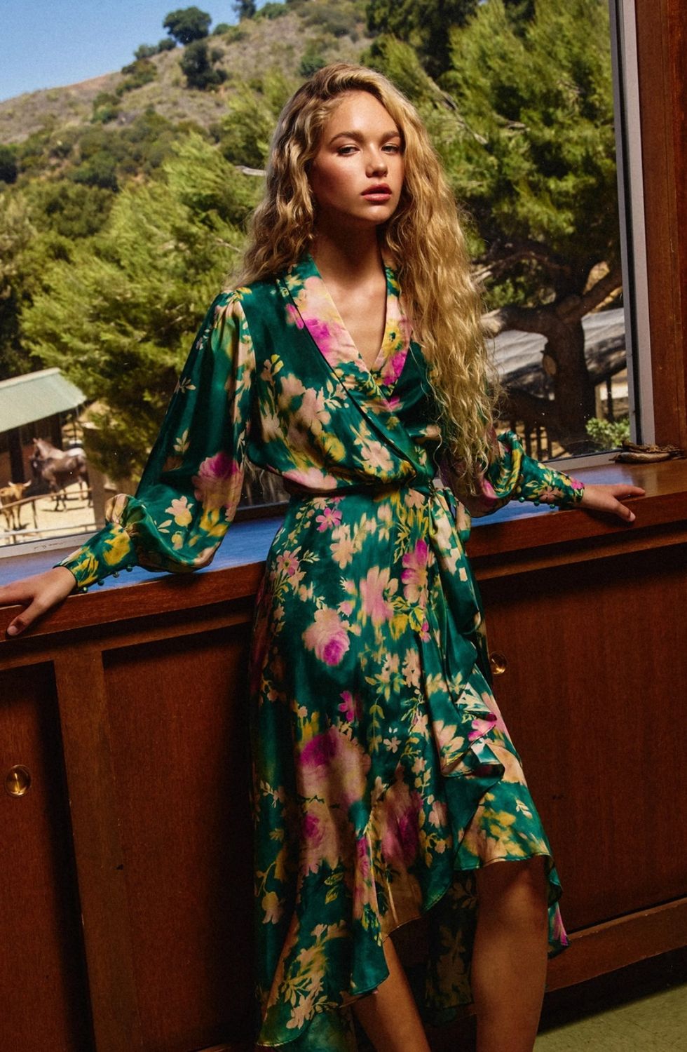 Garden ls button detail wrap ruffle bottom midi dress DF FD12110-P1759