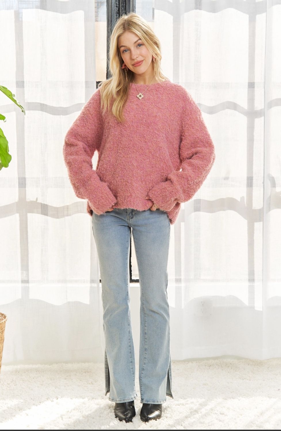 Warm + Cozy crew neck drop sleeve fuzzy sweater Adora LA CESW3451A