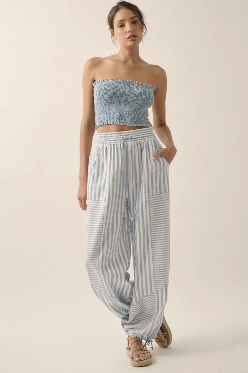 Cotton stripe patchwork drawstring pants Promesa UPB0435