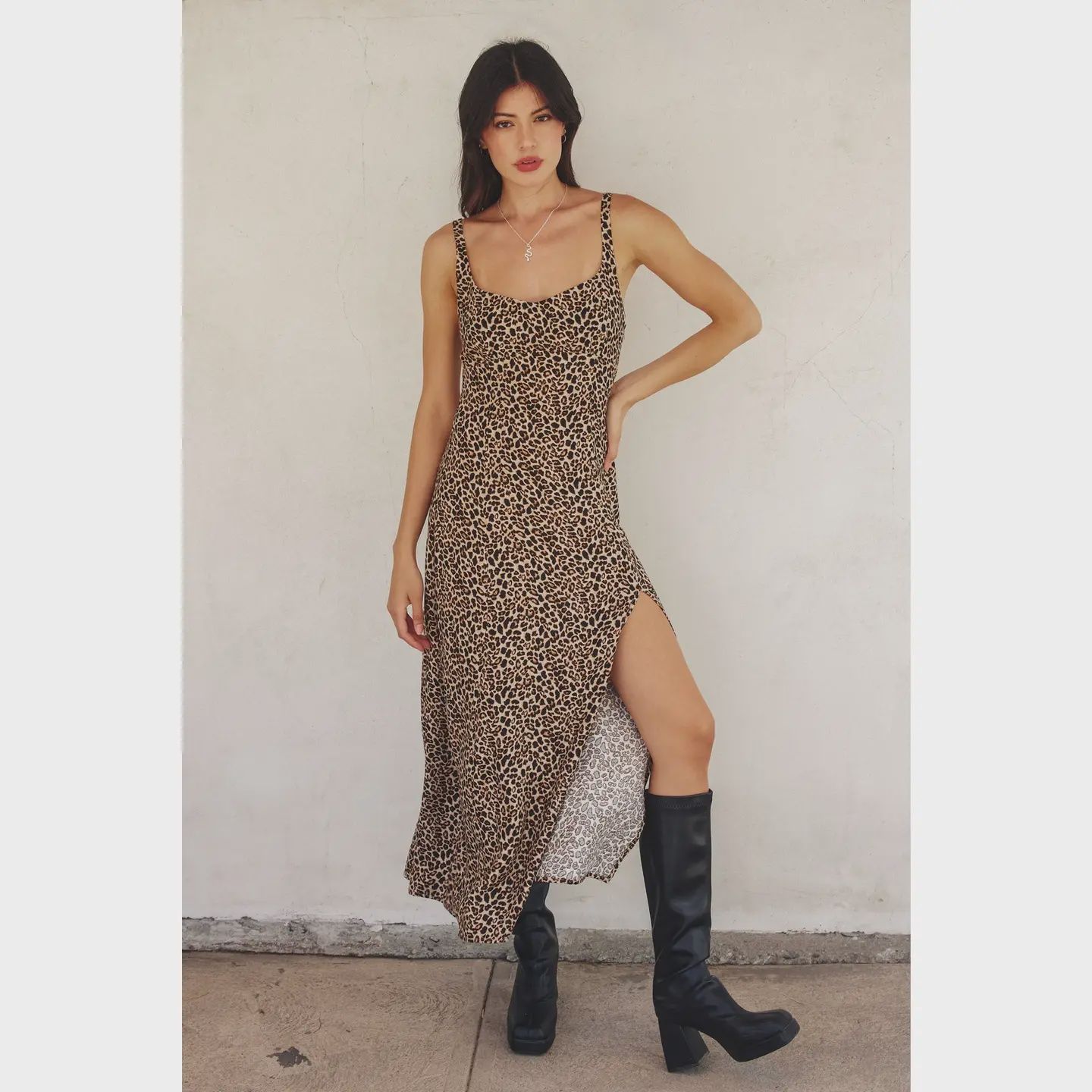 Leopard cami adjustabe strap side slit maxi DF FD12191-P1893