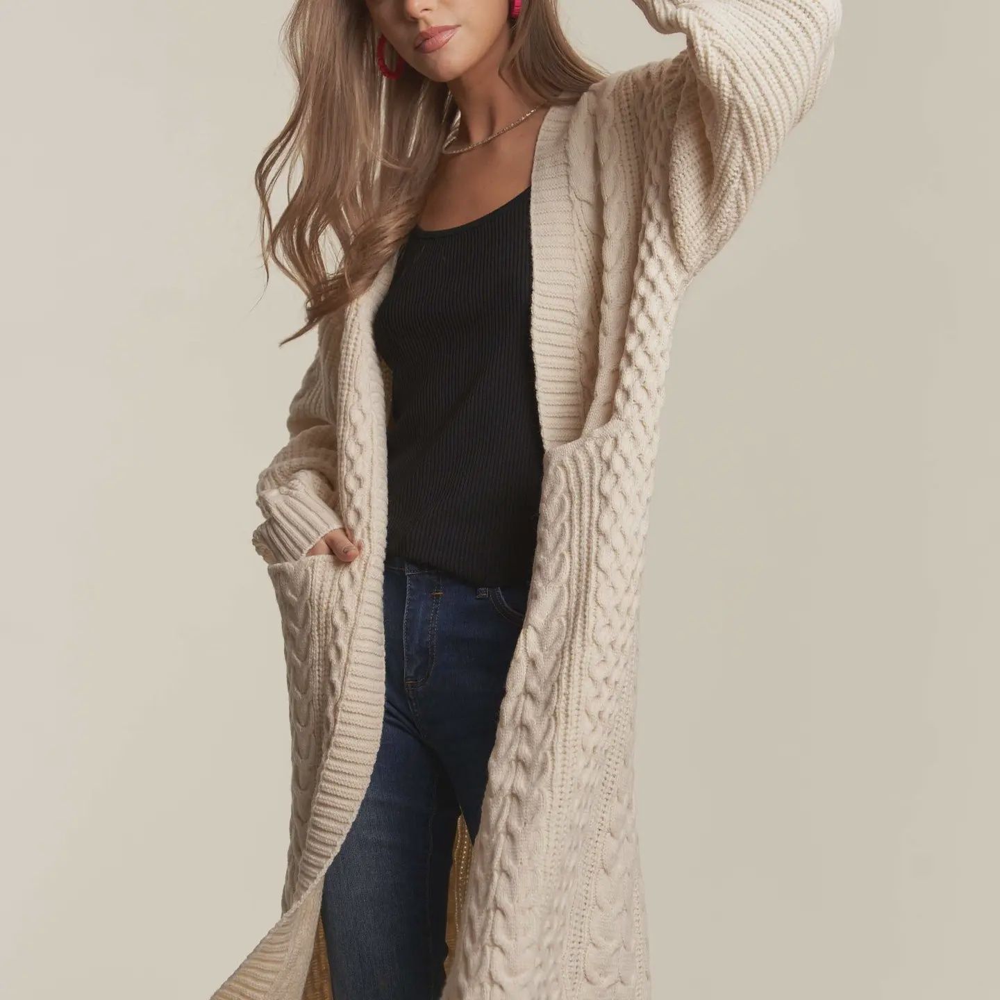 Cable knit sweater  2 patch pocket open long cardigan AdoraLA CESW3449A