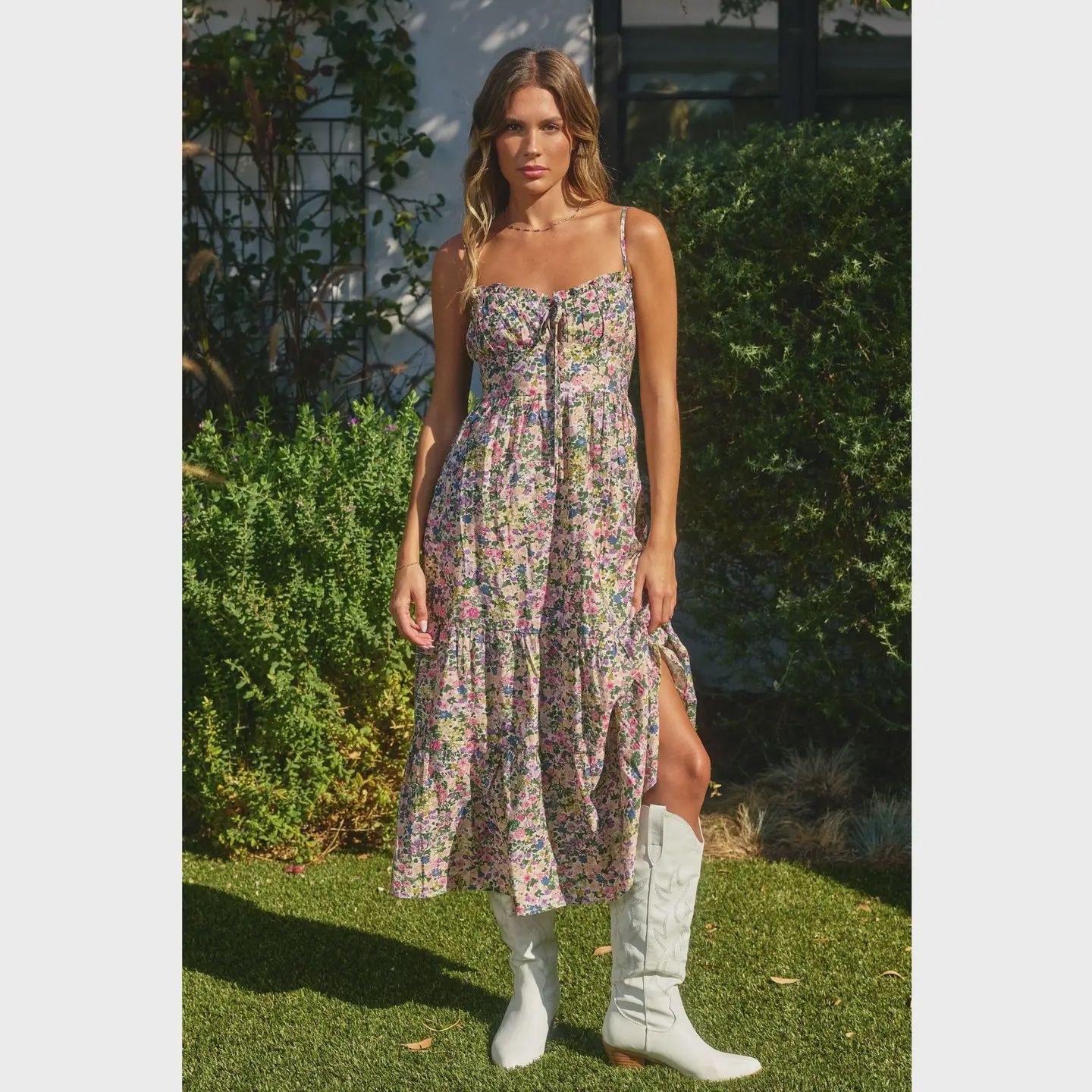 Three button front, tie open back tiered floral midi DF FD9332-CP422