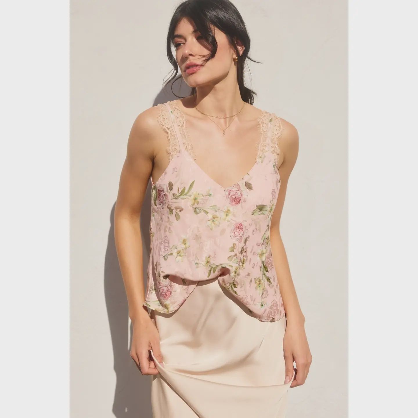 cami strap w/ lace detail criss cross back floral tank DF FT12557-CP466