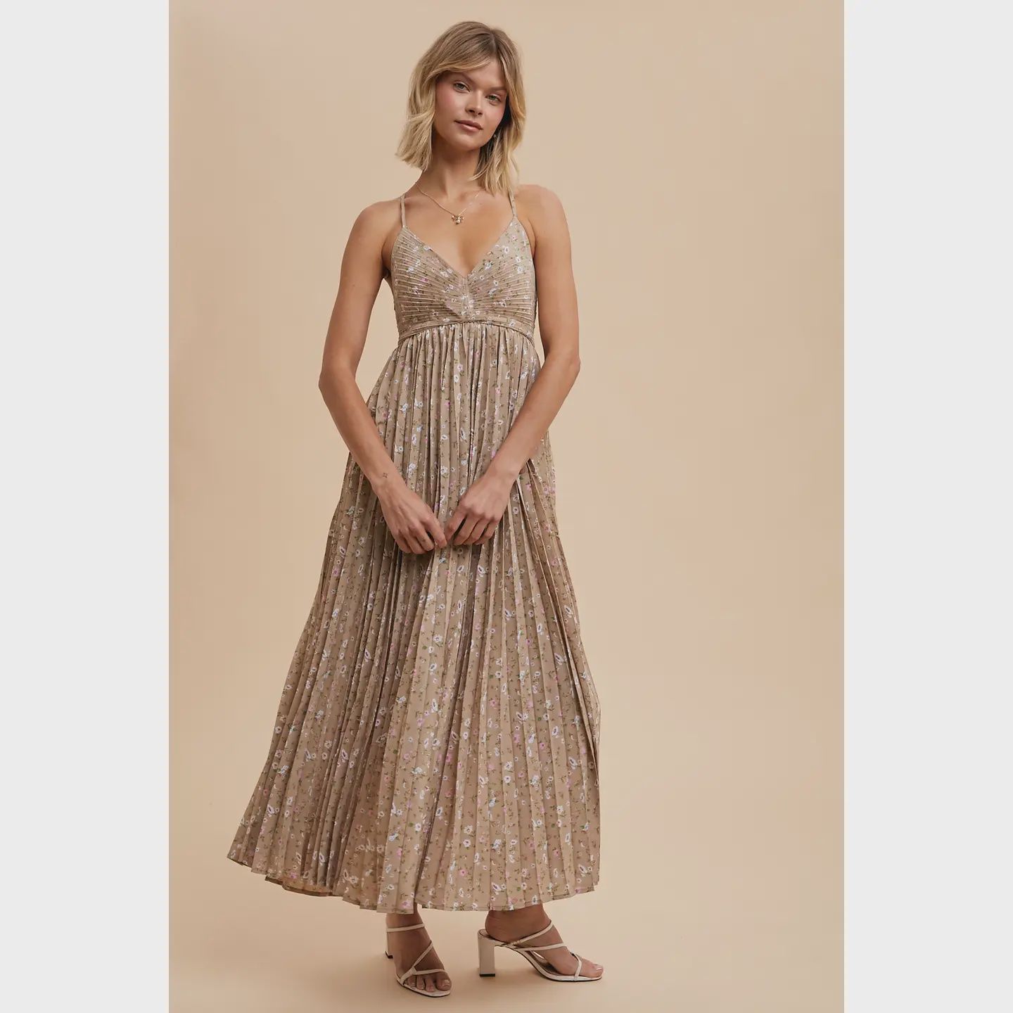 Pleated floral tie back spaghetti strap maxi dress IL ILD5698-A
