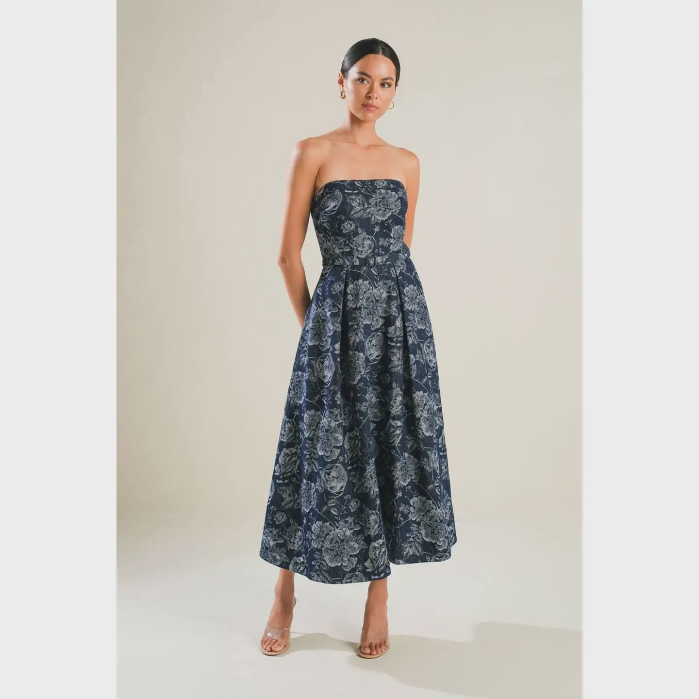 Printed floral strapless belted midi dress Flying Tom FD1260