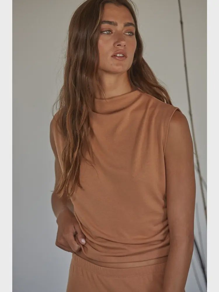 Mock neck side ruched round bottom sleeveless top BT RJ3106