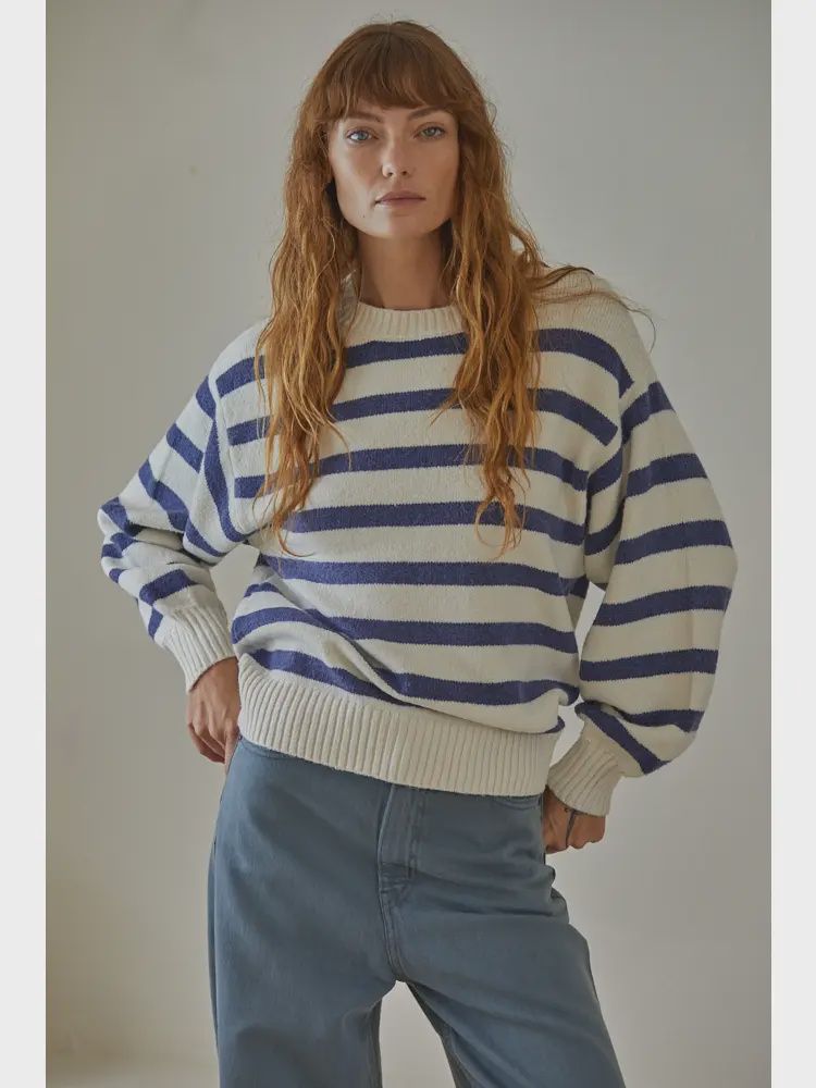 Knit crew neck drop shoulder ls oversized stripe sweater BT W1050