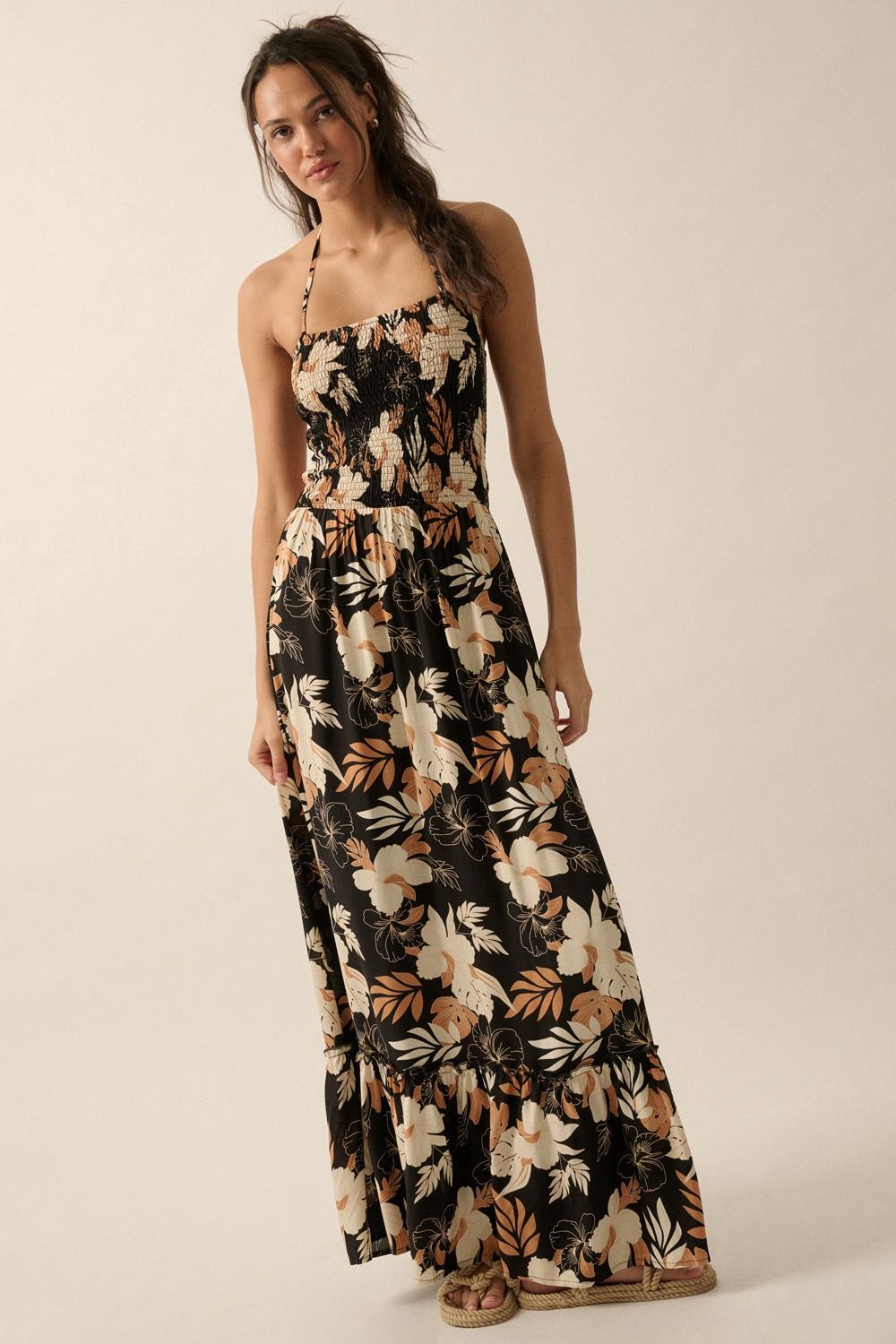 Floral smocked-bodice maxi halter dress Promesa UDC0177