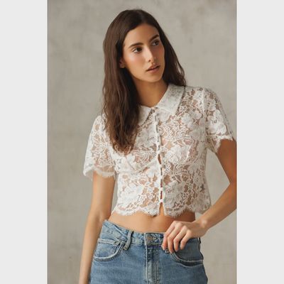 Floral lace collared crop , ss button down w/ scallop hem top STORIA JT8135