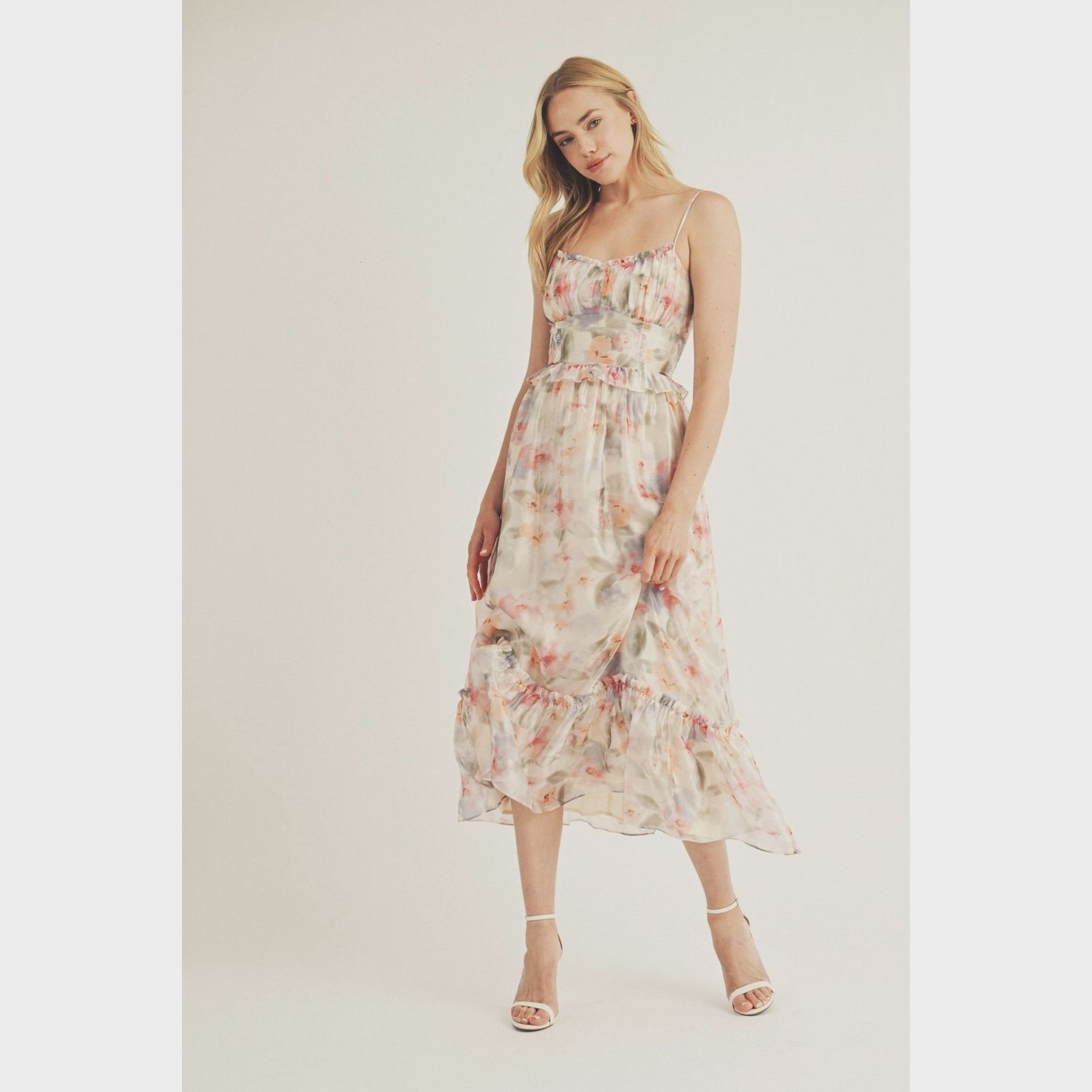 Ruffled tiered,  fitted corset top, lace up back, peplum midi dress STORIA JD6696