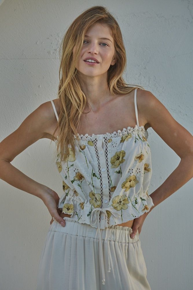 Cindy floral button down tie bottom spaghetti strap tank BT L8356