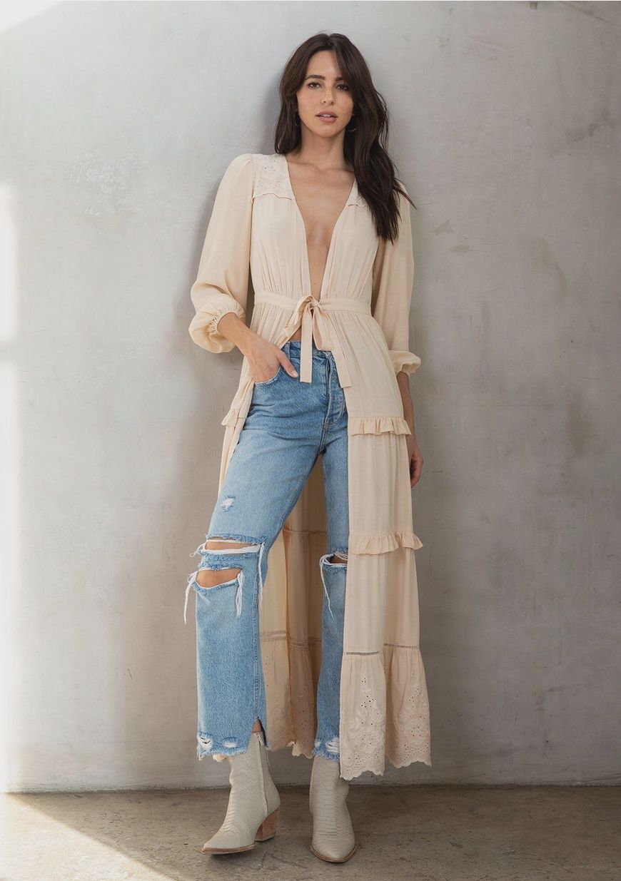 boho embroidered ruffled maxi kimono I-13919w lovestitch