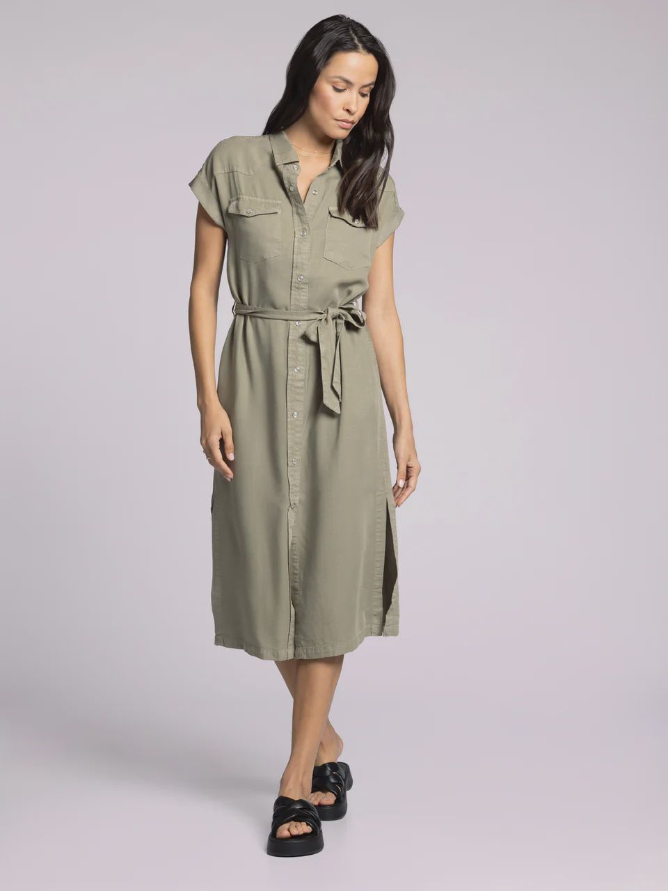 Tillie ss button up, tier waist front pocket collared midi dress T&amp;S D1679LZTTS