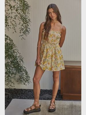 Woven cotton floral print ruched tube mini dress, spaghetti strap BT L8435