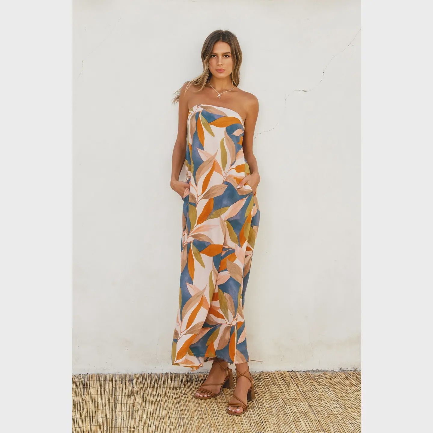Tropical strapless back tie maxi dress DF FD11869-P1955