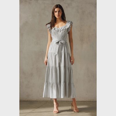 Striped woven open tie back tiered ruffled sleeve maxi STORIA JD7556