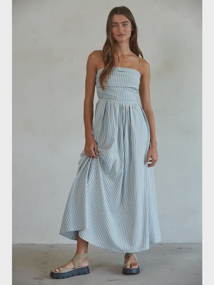 Striped ruffle top strapless flare maxi dress BT L6998