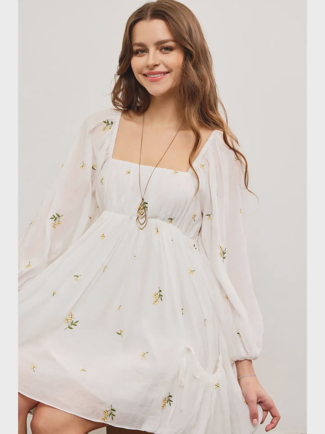 Flower embroidery ls square neck short dress MS S24021