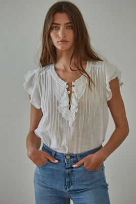 Woven cotton linen button 4 button ruffle ss top BT L6502