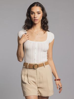 Aster scoop neck faux button up ss textured top T&amp;S T3202SWWK