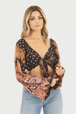 Tie front flare ls sleeve, deep v crop top Angie