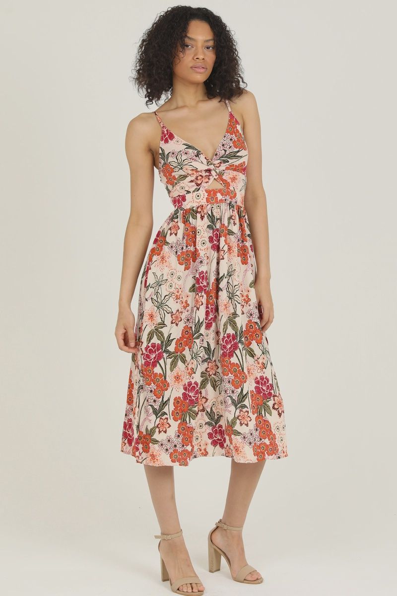 Floral deep v maxi w 2 small side slits, front cut out, spaghetti strap Angie
