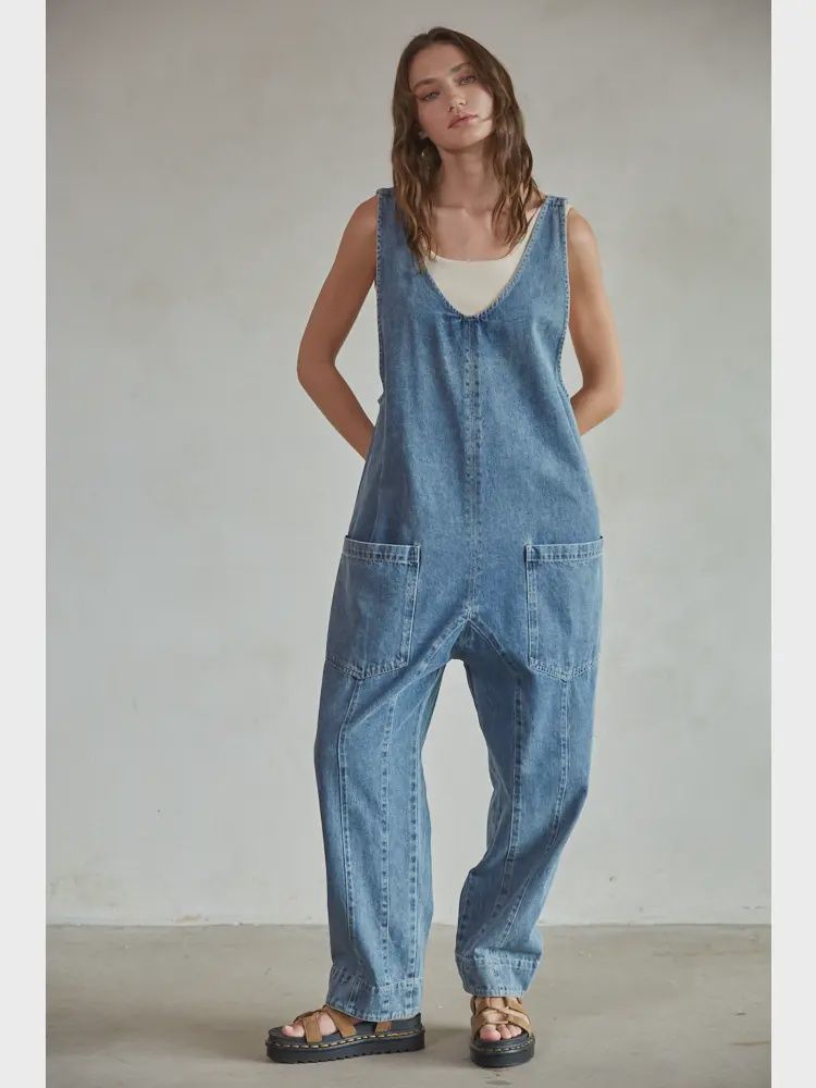 Denim Scoop Neck Sleeveless Wide Leg Overall BT BD295