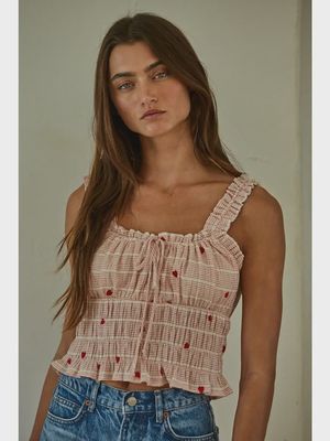 Woven Linen Cotton Striped Heart Embroidered Tank Top BT L8108