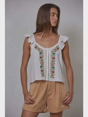 Cotton floral embroidered detailed ruffle tank sleeve top BT L8286