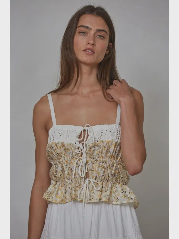 floral mixed fabric crochet top tie front tank BT W2063