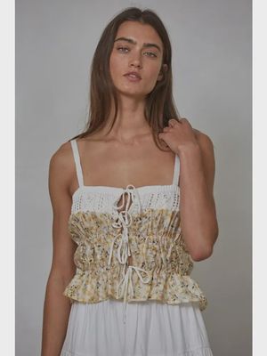 floral mixed fabric crochet top tie front tank BT W2063