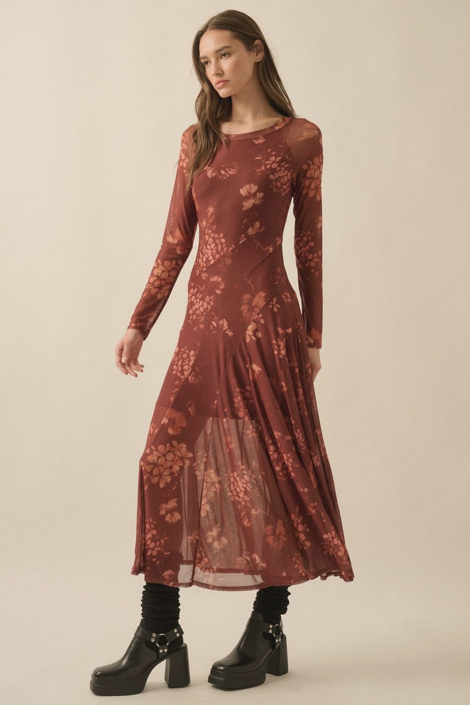 mesh ls diagonal panel floral maxi dress Promesa UDB0758C