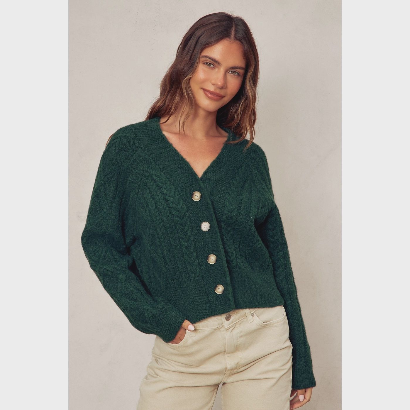 Cable knit crop ls 4 button sweater DF FWJ11855