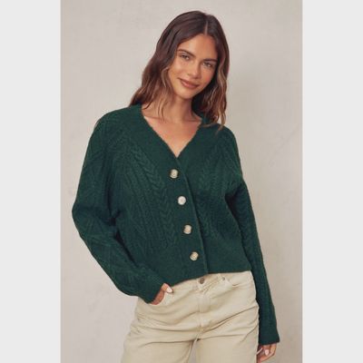 Cable knit crop ls 4 button sweater DF FWJ11855